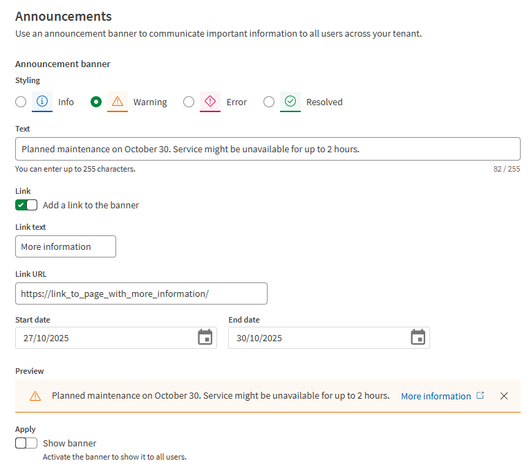 Click to view full size Announcement banner settings.