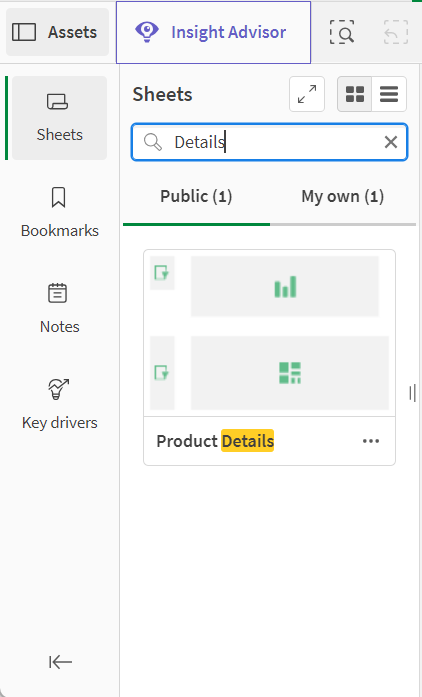 Searching Sheets in the assets panel for 'Details'. There is one result in public sheets and one results in my own sheets.