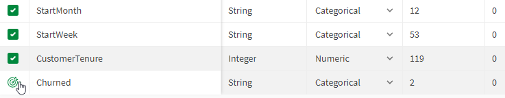 Table row for selected target.