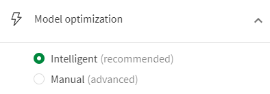 Experiment configuration panel showing 'Model optimization' setting set to 'Intelligent'