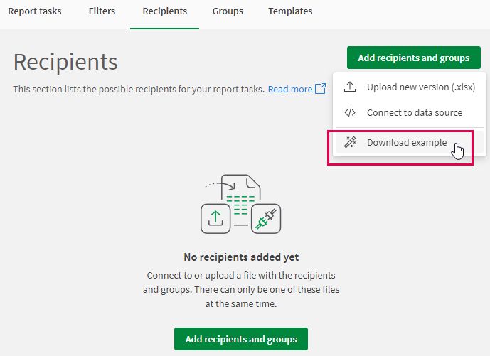 Clicking the button in the Recipients tab to download the example source file