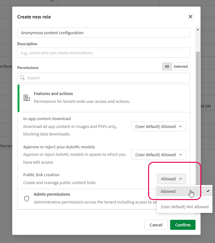 Setting default permissions for anonymous link generation for a custom role