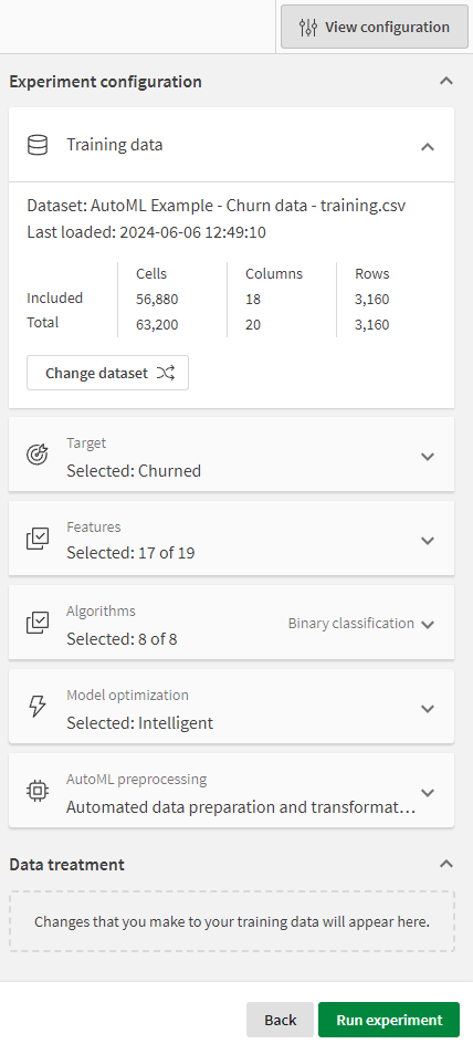 Expanded customization panel in an ML experiment