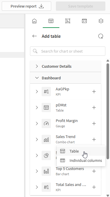 Selecting a chart to use as the source for the table