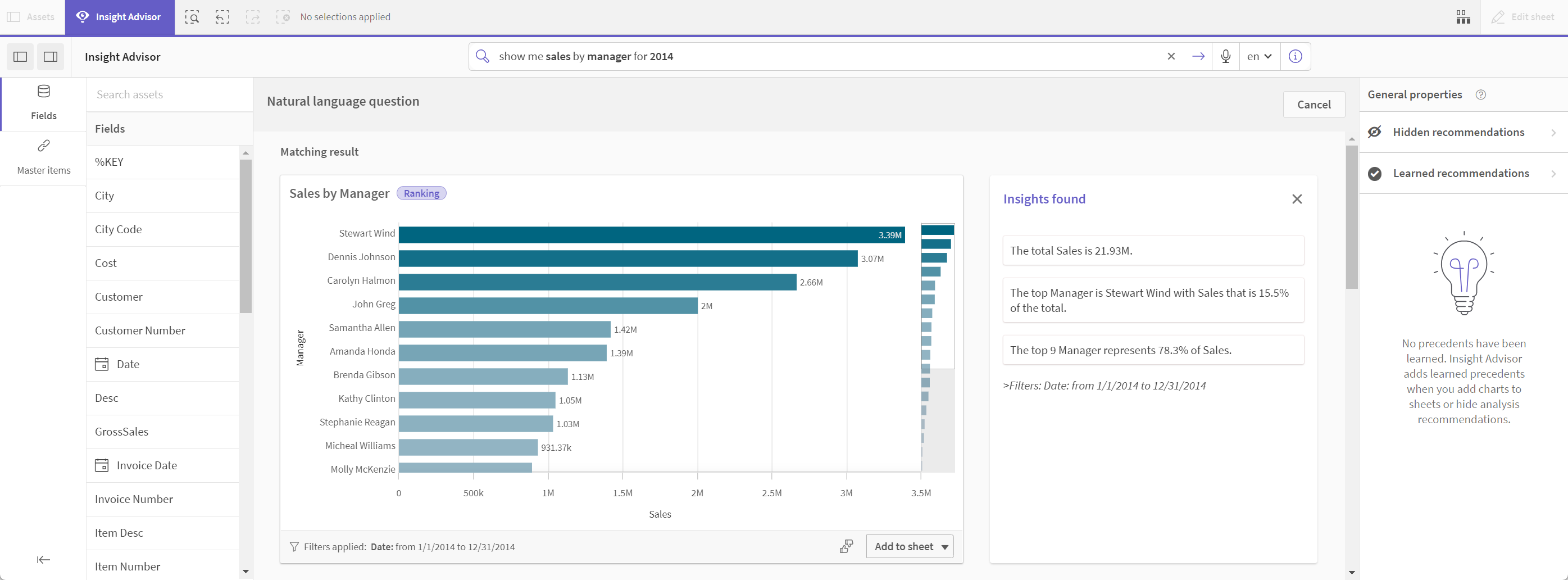 Matching result bar chart for query 'sum(Sales) by Customer' that includes three narrative insights in the section 'Insights found'. The narrative insights are 'The total Sales is 21.9M', 'The top manager is Stewart Wind with Sales that is 15.5% of the total', and 'The top 9 Manager represents 78.3% of Sales'.