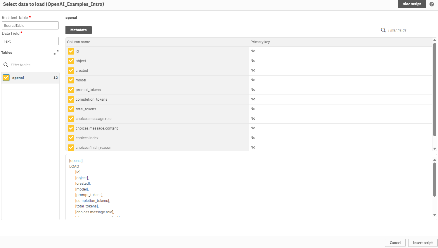 'Select data' wizard showing Resident Table and Data Field values entered by the user, and in return, the list of possible returned columns from the analytics connector