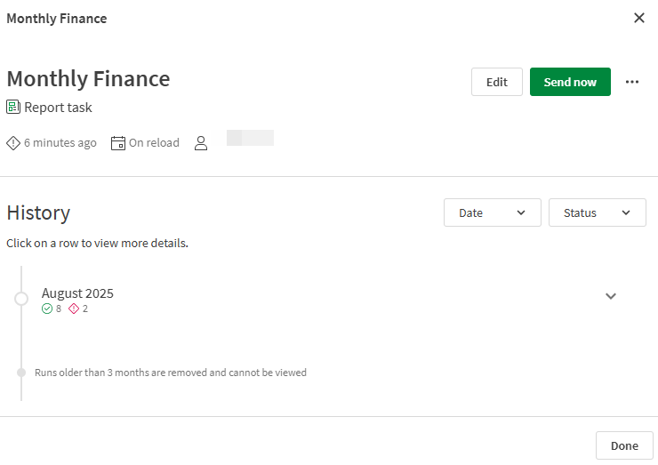 Image showing Report task 'History' view when it is first opened (no executions expanded for further details)