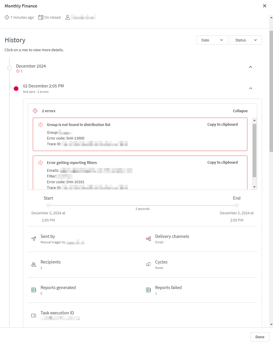 The 'History' view for a report task, with an individual task execution expanded. The expanded view shows details about the execution, such as its status, any error codes, and information about the configuration of the report task at the time of the execution