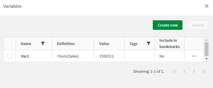 Variables dialog showing definition and value of variable Var1, when an equal sign is placed at the start of the variable definition (which is Sum Sales). As a result, the variable's evaluated value is the calculated value of the expression Sum(Sales), which in this case is 1500311