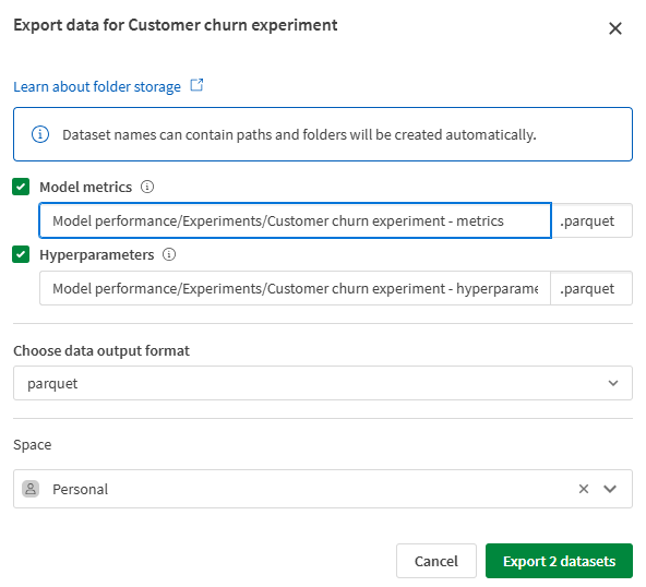 The dialog for exporting datasets from the 'Compare' tab in the ML experiment. Example paths include folders where the datasets will be stored inside a space
