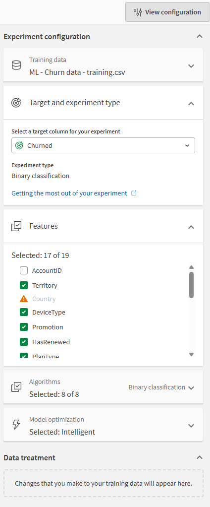 Experiment configuration panel with selected target, experiment type, and default feature selection