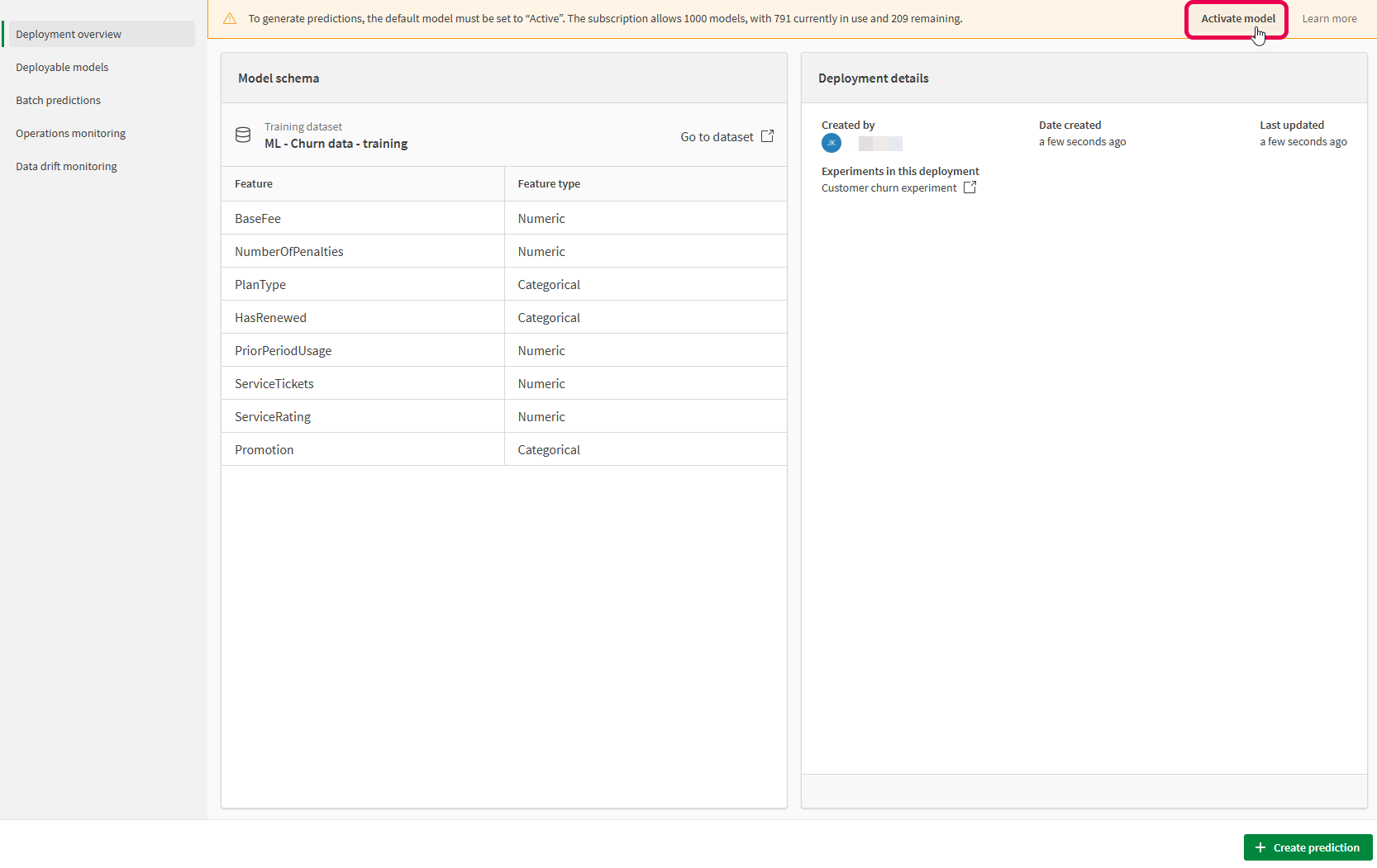 Activating the ML model that you deployed to the ML deployment