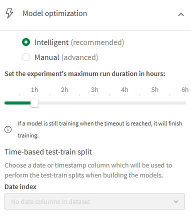 Experiment configuration panel with intelligent model optimization turned on