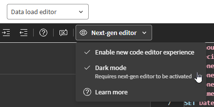 Dark mode turned on the Data load editor