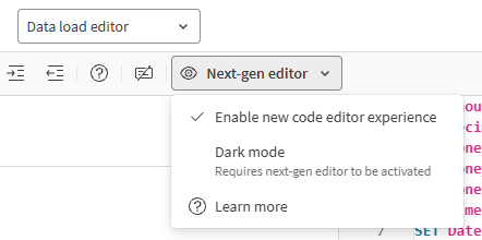 New code editing experience turned on the Data load editor