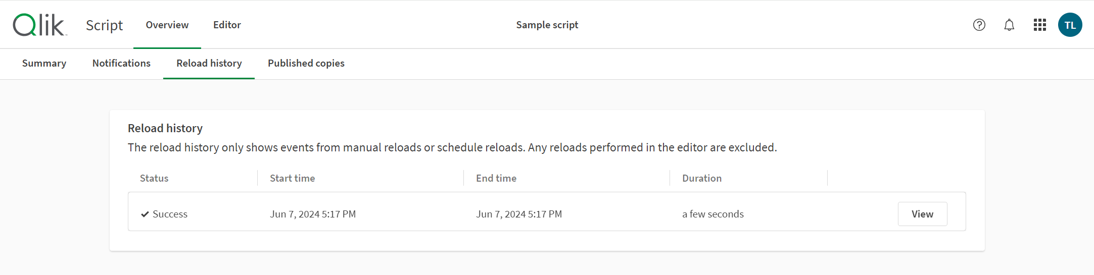 Screenshot of the Reload History tab of Script editor. The Reload History menu displays the status, start time, end time, and duration of reloads in an app. The View button is also shown in the screenshot, which opens reload logs. 