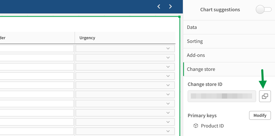 Clicking the 'Copy' icon in the write table properties to obtain the change store ID