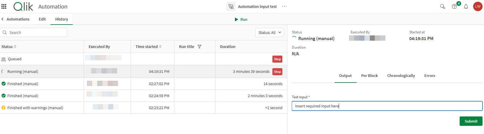 History view showing a selected run with Input section displaying input fields