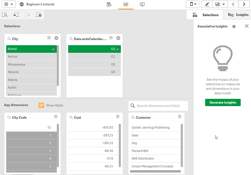 Selections tool view.
