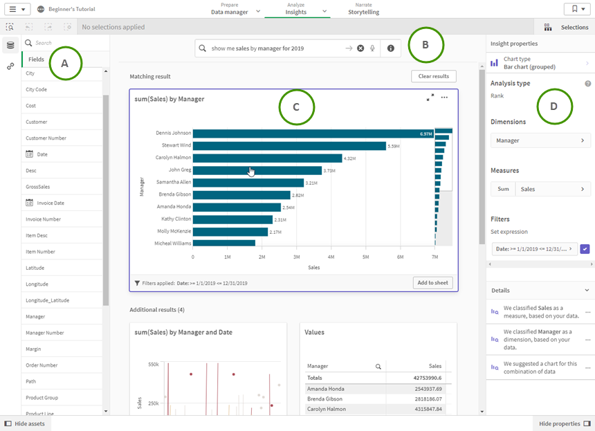 Click to view full size Insight advisor search-based analysis displaying insights charts in an app.
