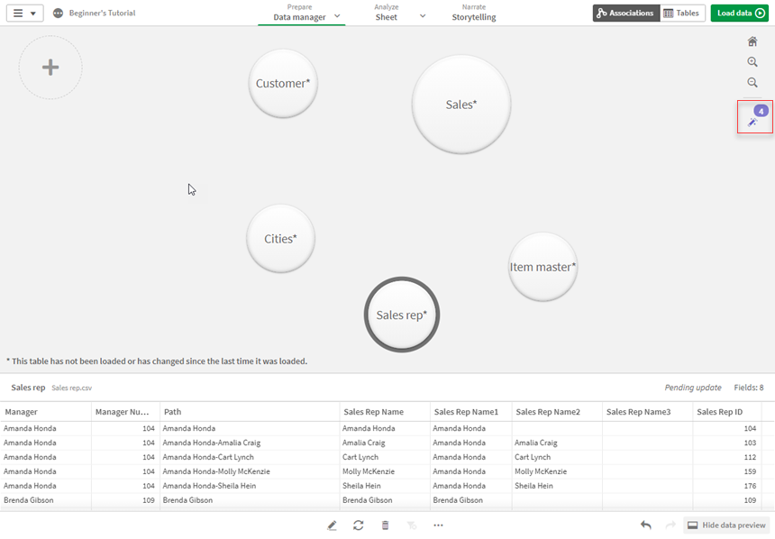 Associations view with five bubbels and the icon Recommended associations to the right.