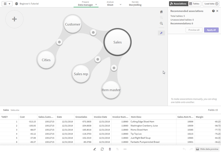 Associations view of the Data manager.