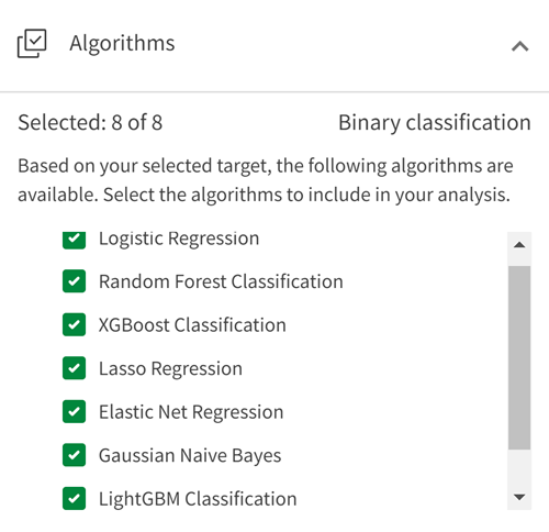 Sección Algoritmos en el panel lateral de configuración del experimento de AutoML.