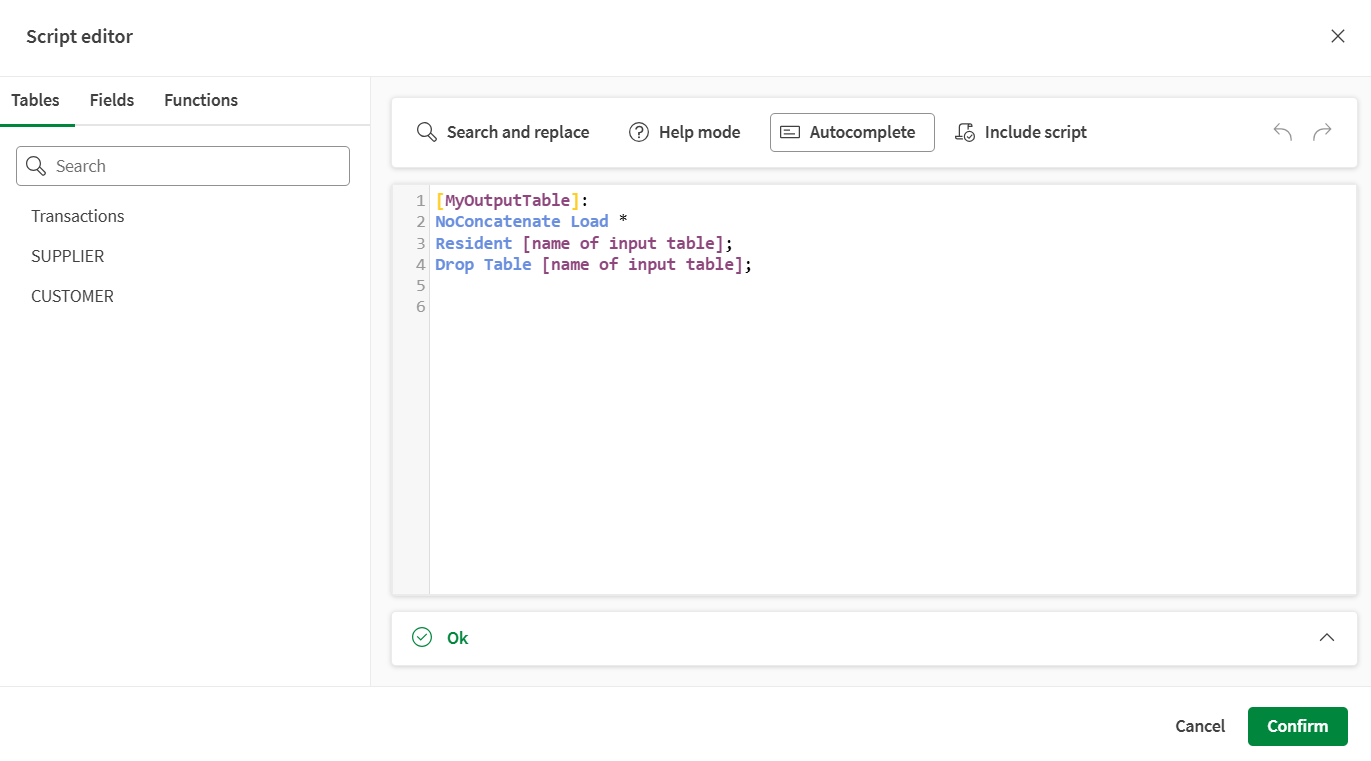 Usar el editor de script para redactar script de Qlik