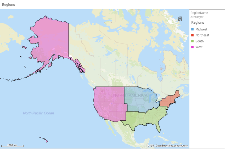 Mapa a modo de ejemplo con Estados Unidos dividido en regiones