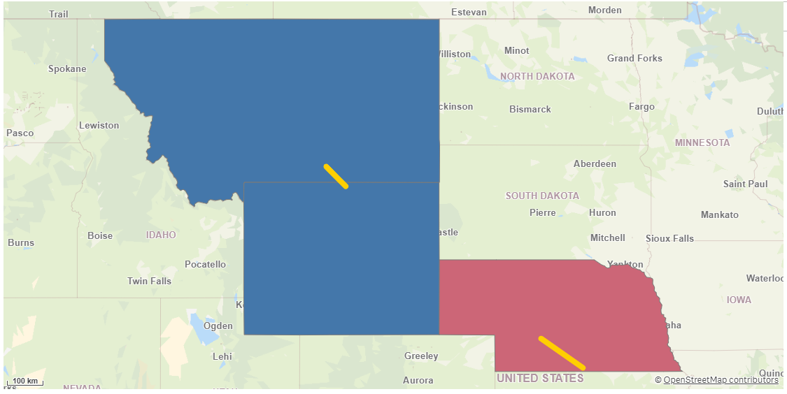 Un mapa que muestra las intersecciones de estados en dos áreas diferentes.