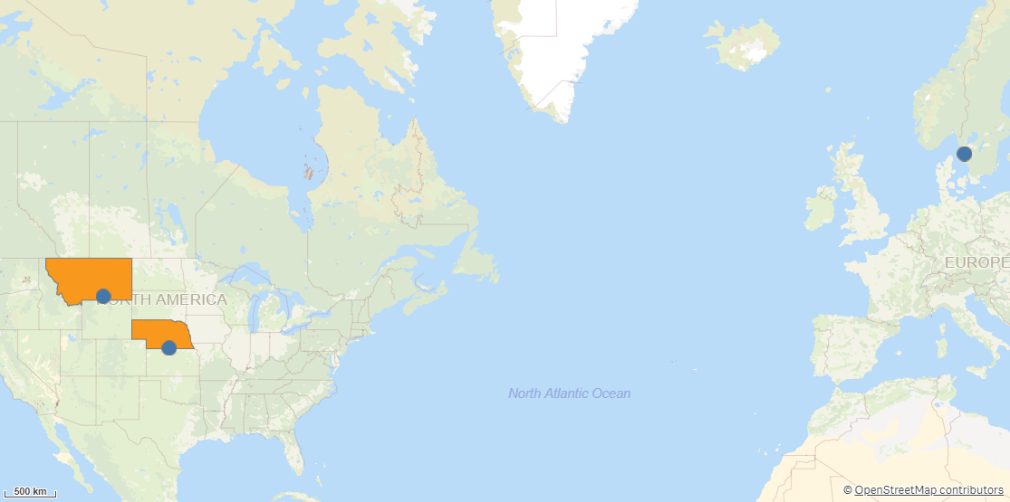 Un mapa que muestra puntos que están dentro de un conjunto de áreas específicas.