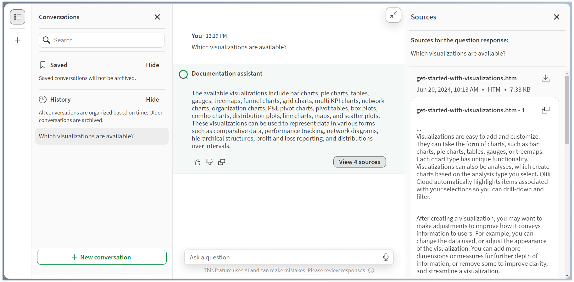 Visualización de las fuentes utilizadas por Qlik Answers para generar una respuesta seleccionada.