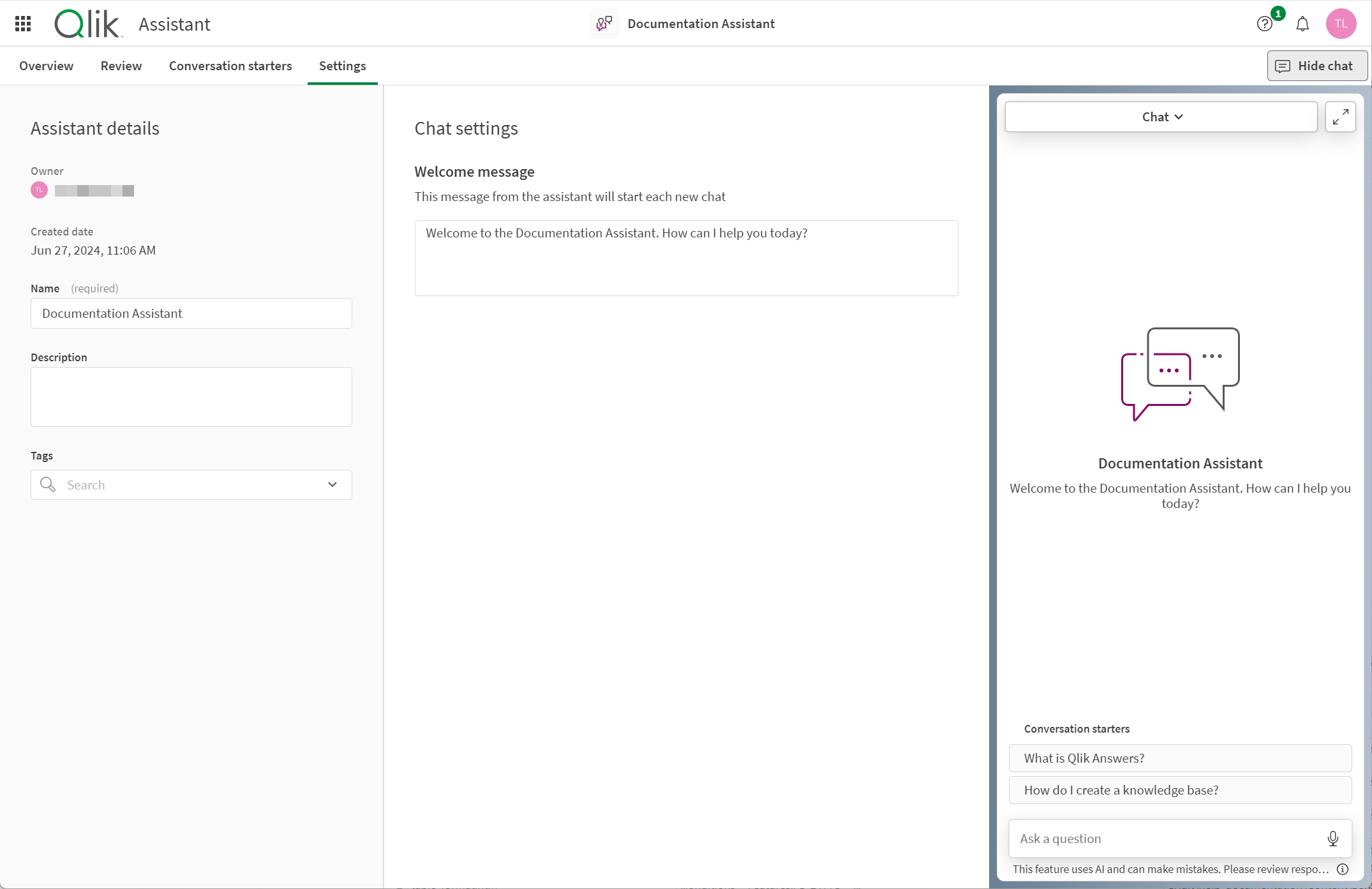 La pestaña Configuración, que muestra los detalles y ajustes disponibles para el asistente y el chat.