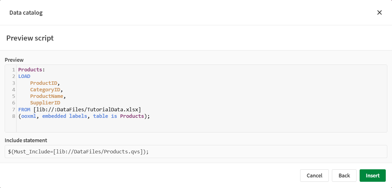 Previewing the selected script in Data catalog