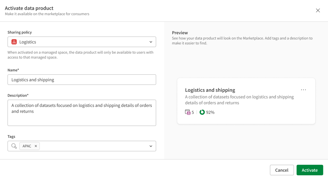 Menú de activación de productos de datos