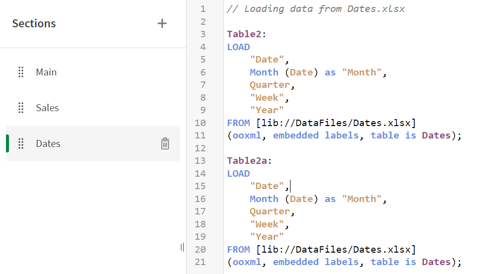 Script de carga en la pestaña Dates.