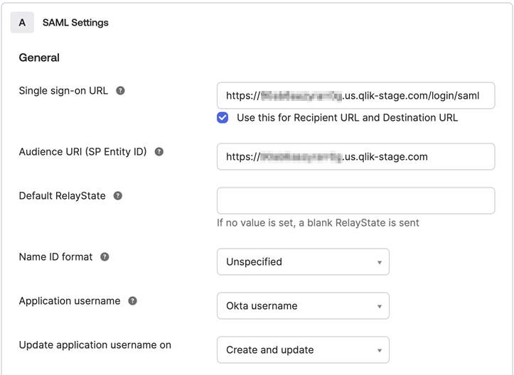 Panel de configuración de SAML.