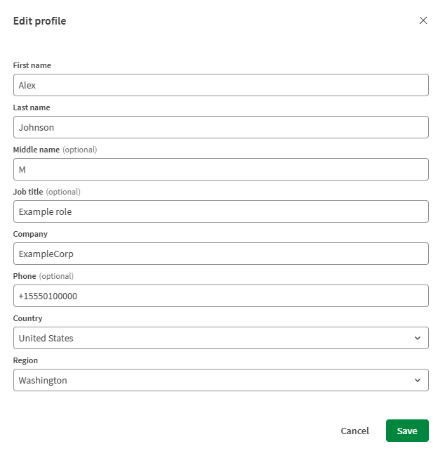 Haga clic para ver a tamaño completo Cuadro de diálogo que muestra los campos para actualizar la información del perfil de usuario.