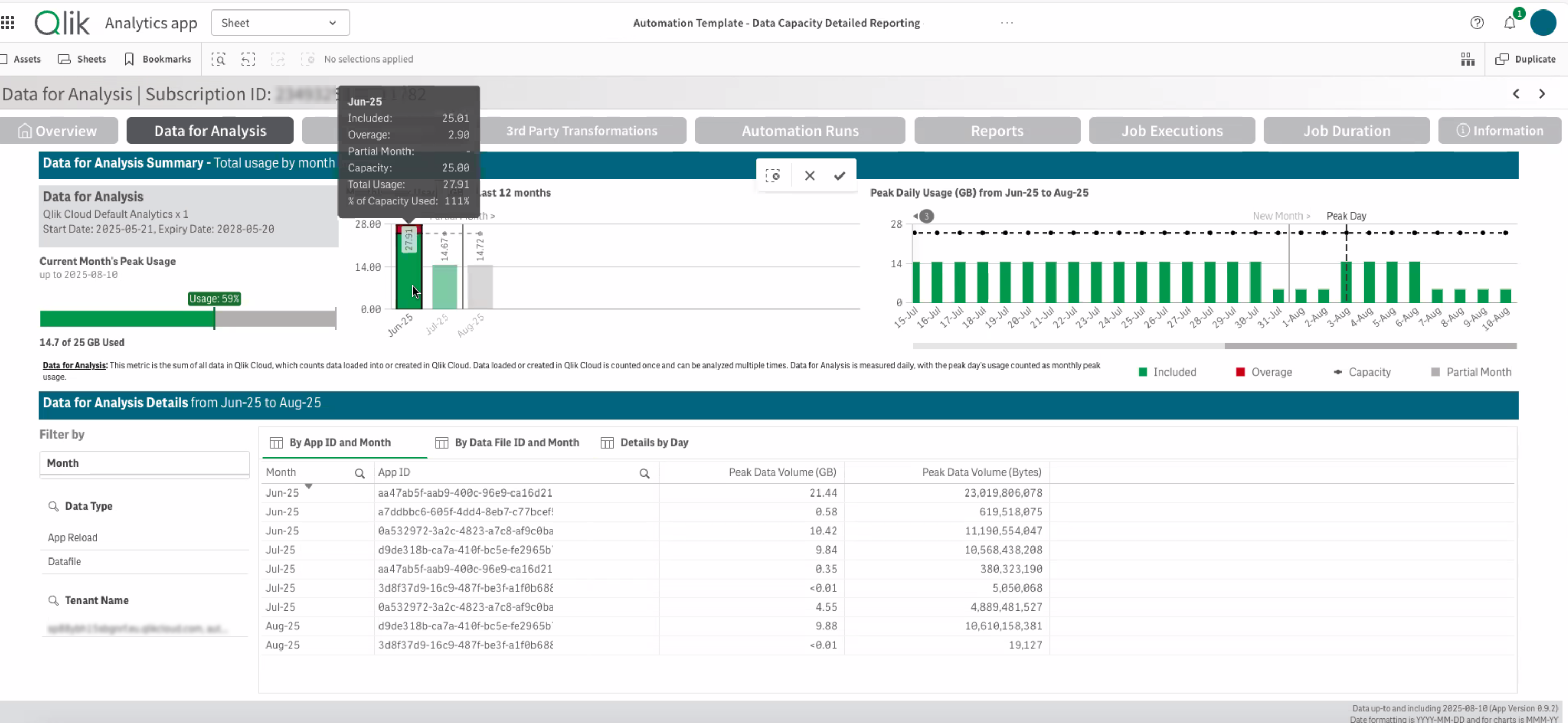 La hoja Datos para el análisis en la app de informes de capacidad de datos