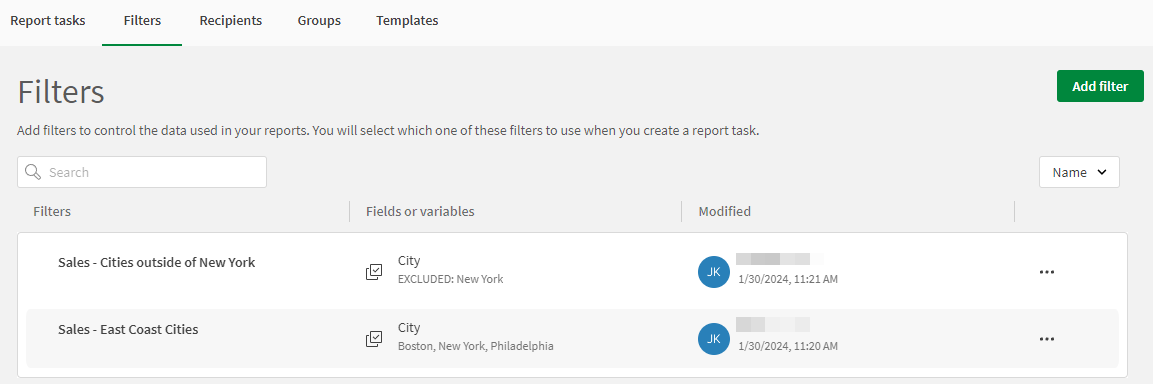 Trabajar con filtros de informes | Qlik Cloud Ayuda