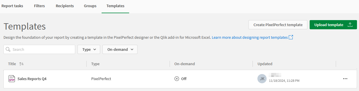 La pestaña Plantillas en la sección Informes de una app de Qlik Sense. Aquí es donde agregas plantillas y administras las existentes.