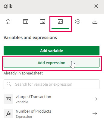 La pestaña "Variables y expresiones" en el complemento de Excel, desde la cual puede agregar/modificar expresiones nuevas o previas