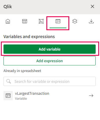 La pestaña Variables y expresiones en el complemento de Excel, desde donde puede agregar/modificar objetos de variable que haya agregado, o agregar una nueva variable