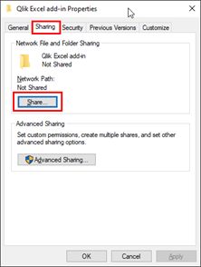 El botón "Compartir..." en el cuadro de diálogo al configurar el recurso compartido de red de Windows