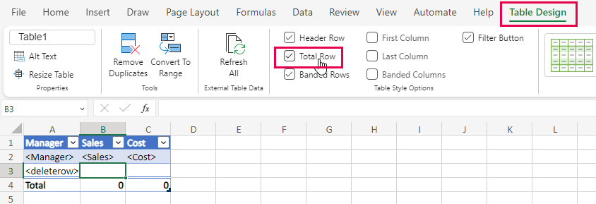 Habilite la opción en la barra de herramientas de Excel para crear una fila de Total en la tabla nativa de Excel