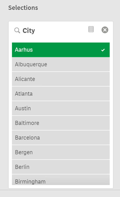 Panel de selecciones en la información asociada