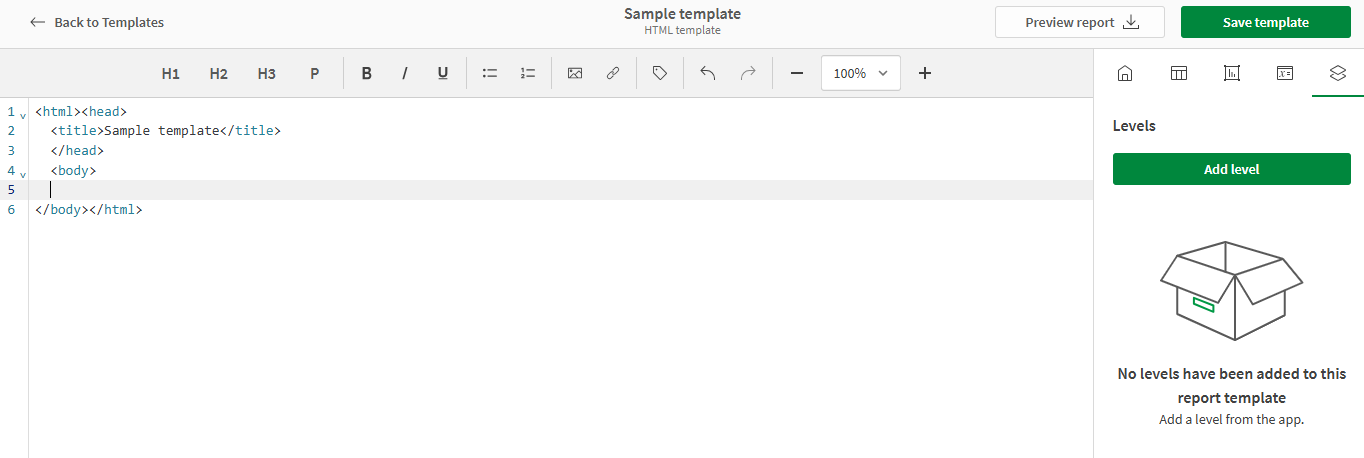 Menú "Niveles" en el diseñador de HTML, desde el que puede modificar los niveles que haya añadido o añadir un nuevo nivel