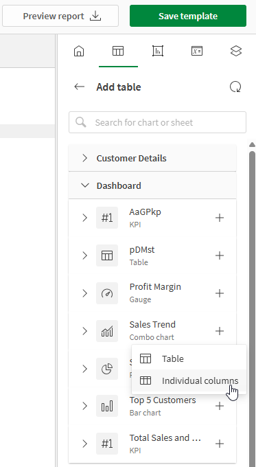 Seleccionar un gráfico para utilizarlo como fuente de la tabla y añadirlo como conjunto de una o varias columnas individuales