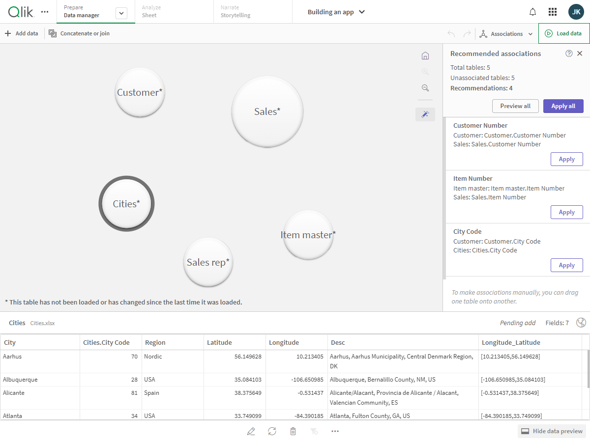 Tablas de datos en el Gestor de datos, listas para ser asociadas