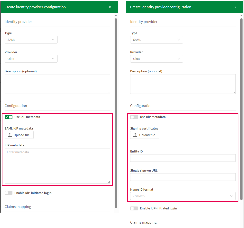 Se muestran paneles de configuración con y sin metadatos de IdP